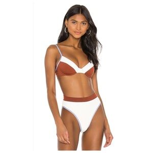 L*Space | Frenchi Ribbed Bitsy Bikini Bottom In Cream, Tobacco & Peri Blue | S